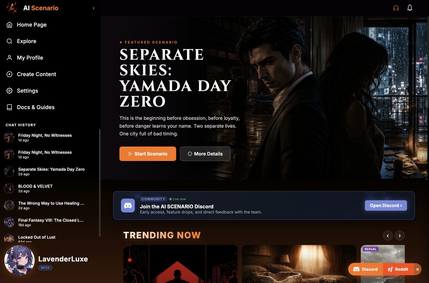 Signed-in AI Scenario home screen with Create Content in the sidebar