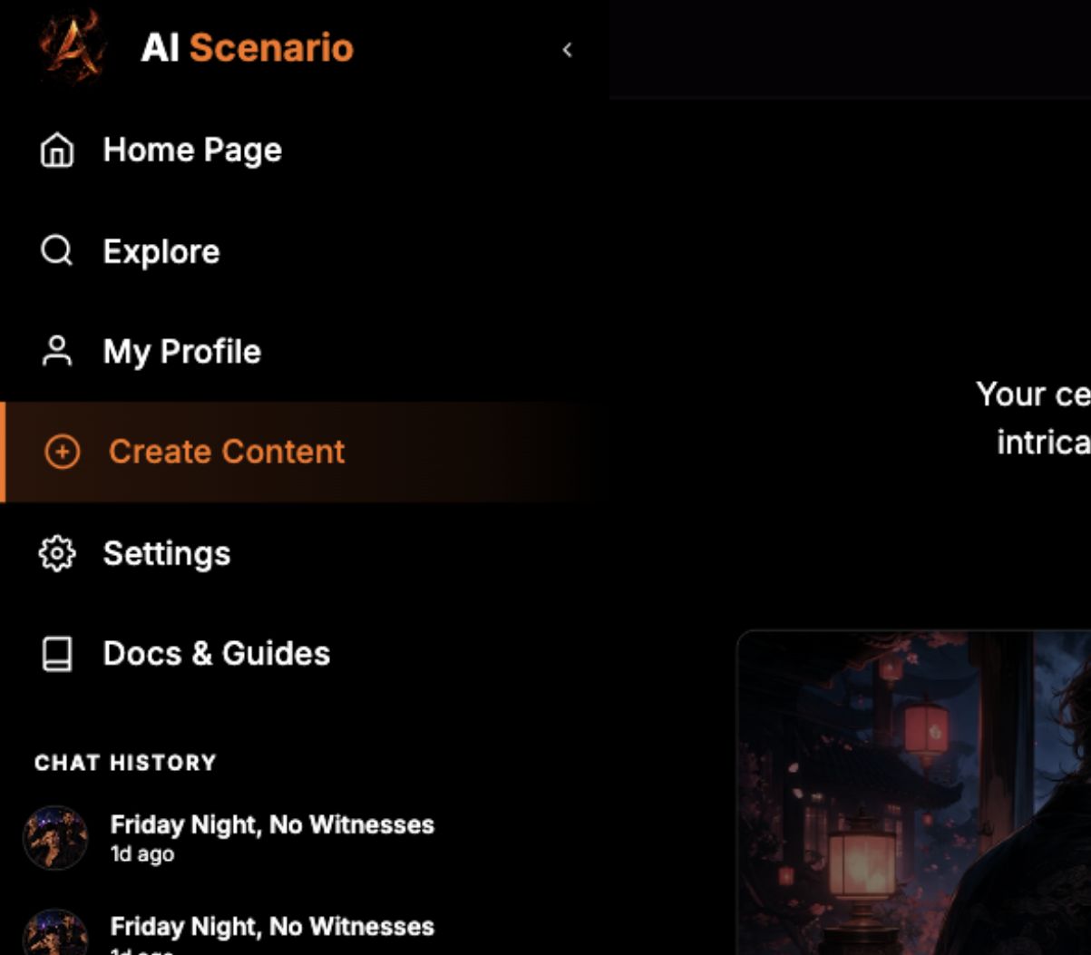 Create Content overview showing Create Scenario, My Personas, Characters and Lore Vault