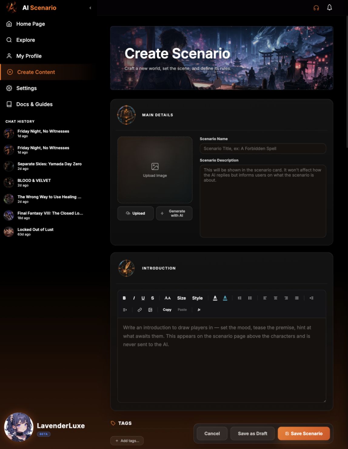 Scenario editor with main details, world building, routes, canon anchors, characters and publishing
