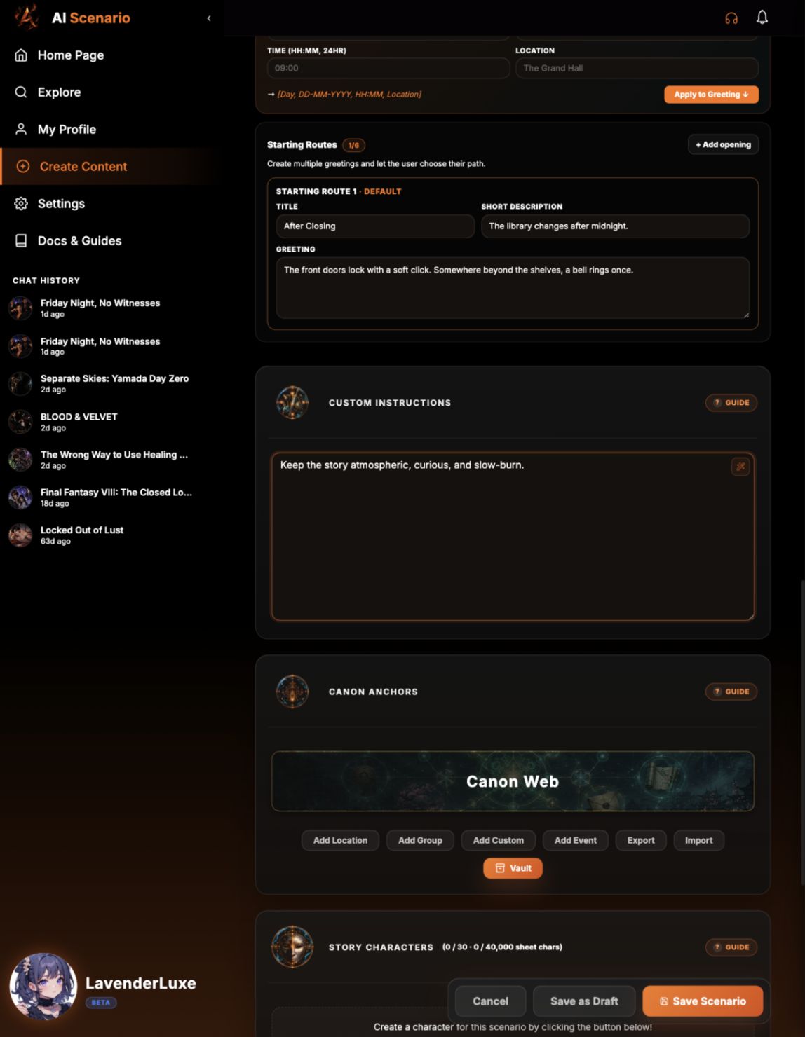 Scenario editor filled with a draft example