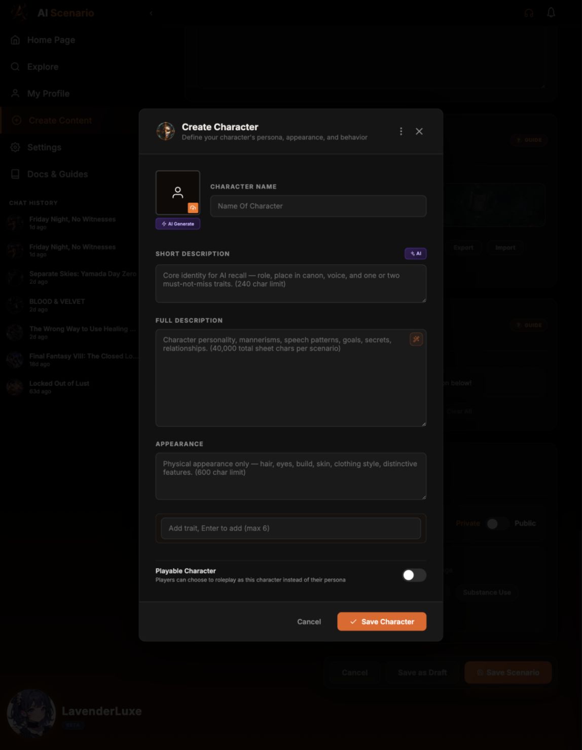 Create Character form inside the scenario editor