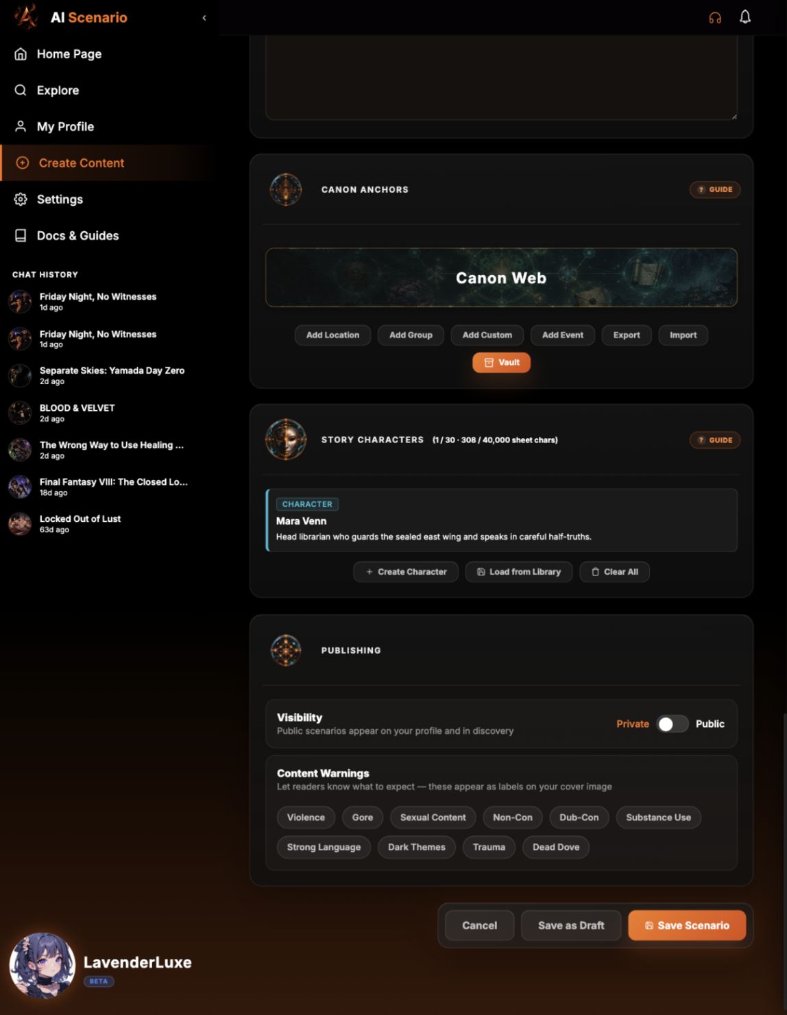 Scenario editor showing the saved character in Story Characters