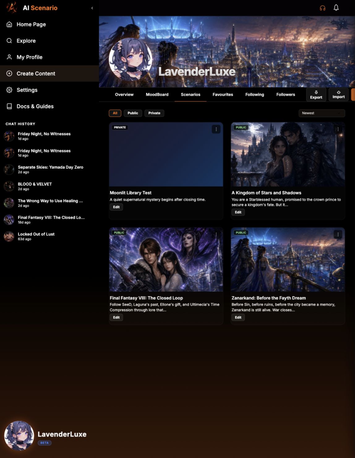 Profile page showing the saved private scenario draft