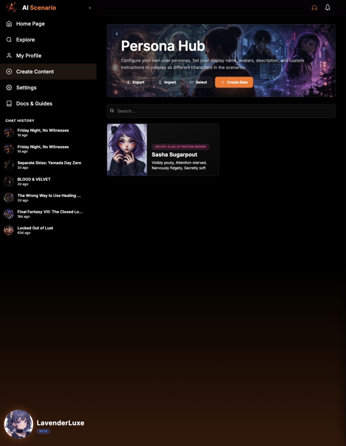 Persona Hub with existing persona cards and Create New button