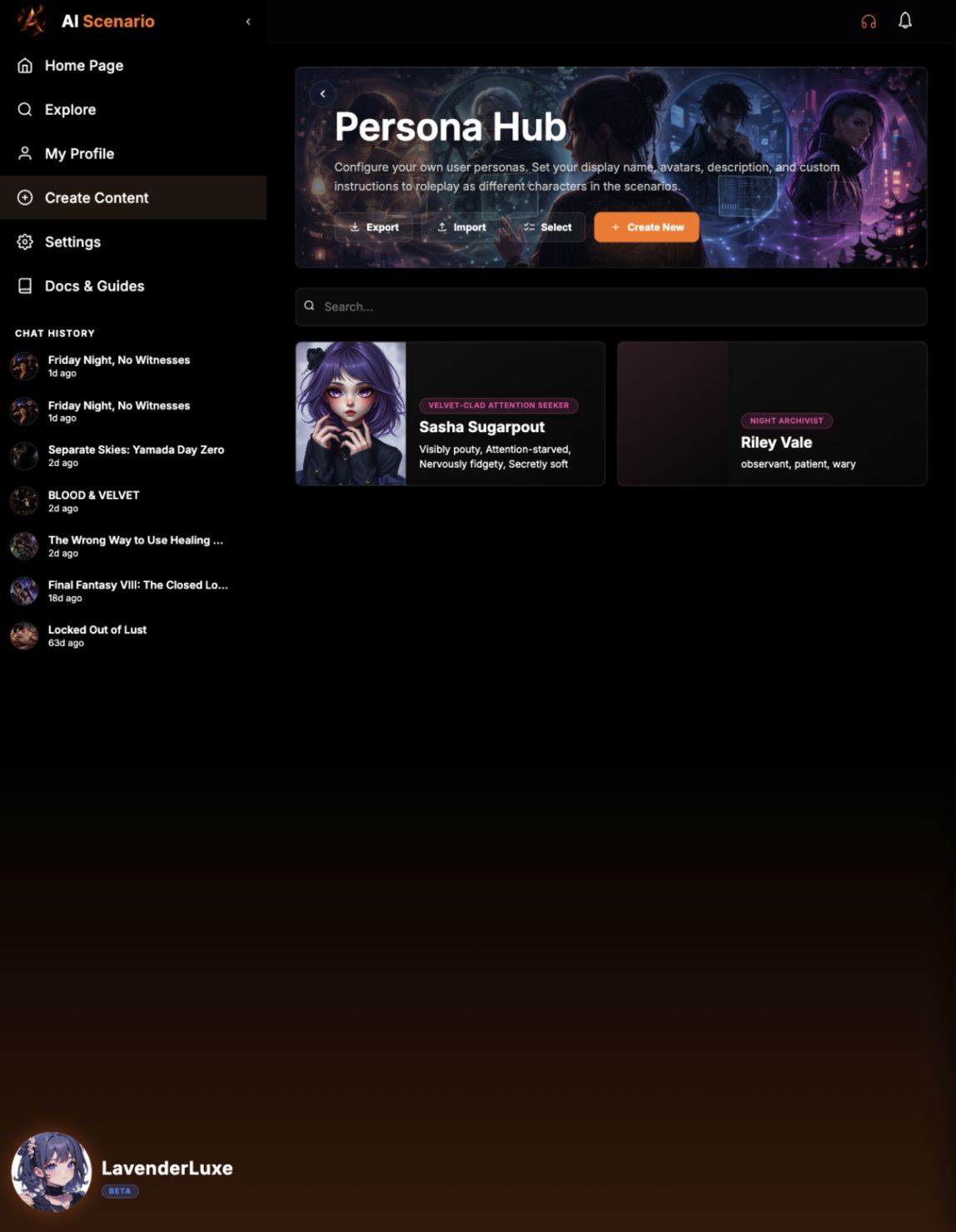 Persona Hub showing the new saved persona