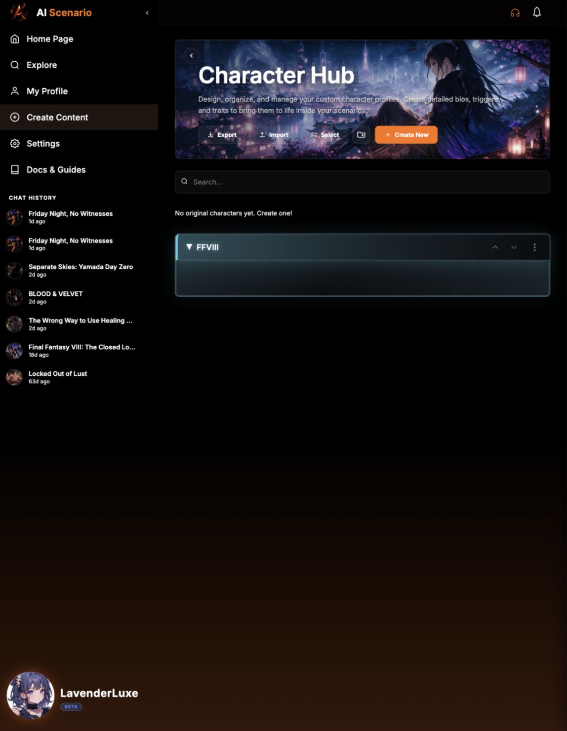 Character Hub with export, import, select, folder and Create New controls