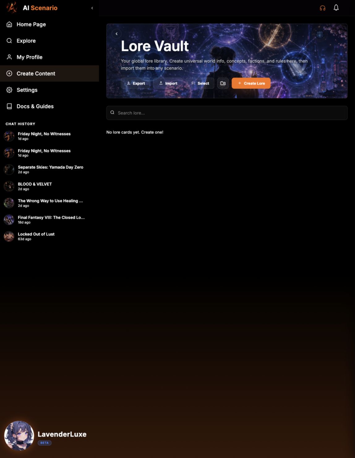 Lore Vault with export, import, select, folder and Create Lore controls