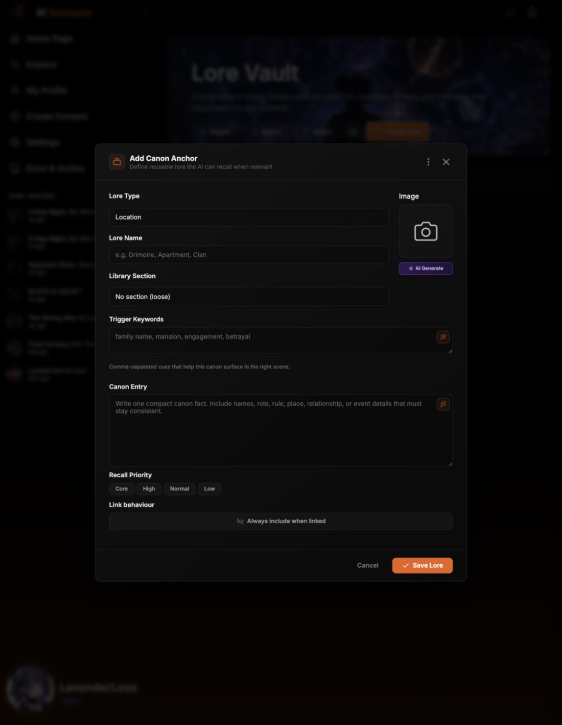 Lore Vault Create Lore editor